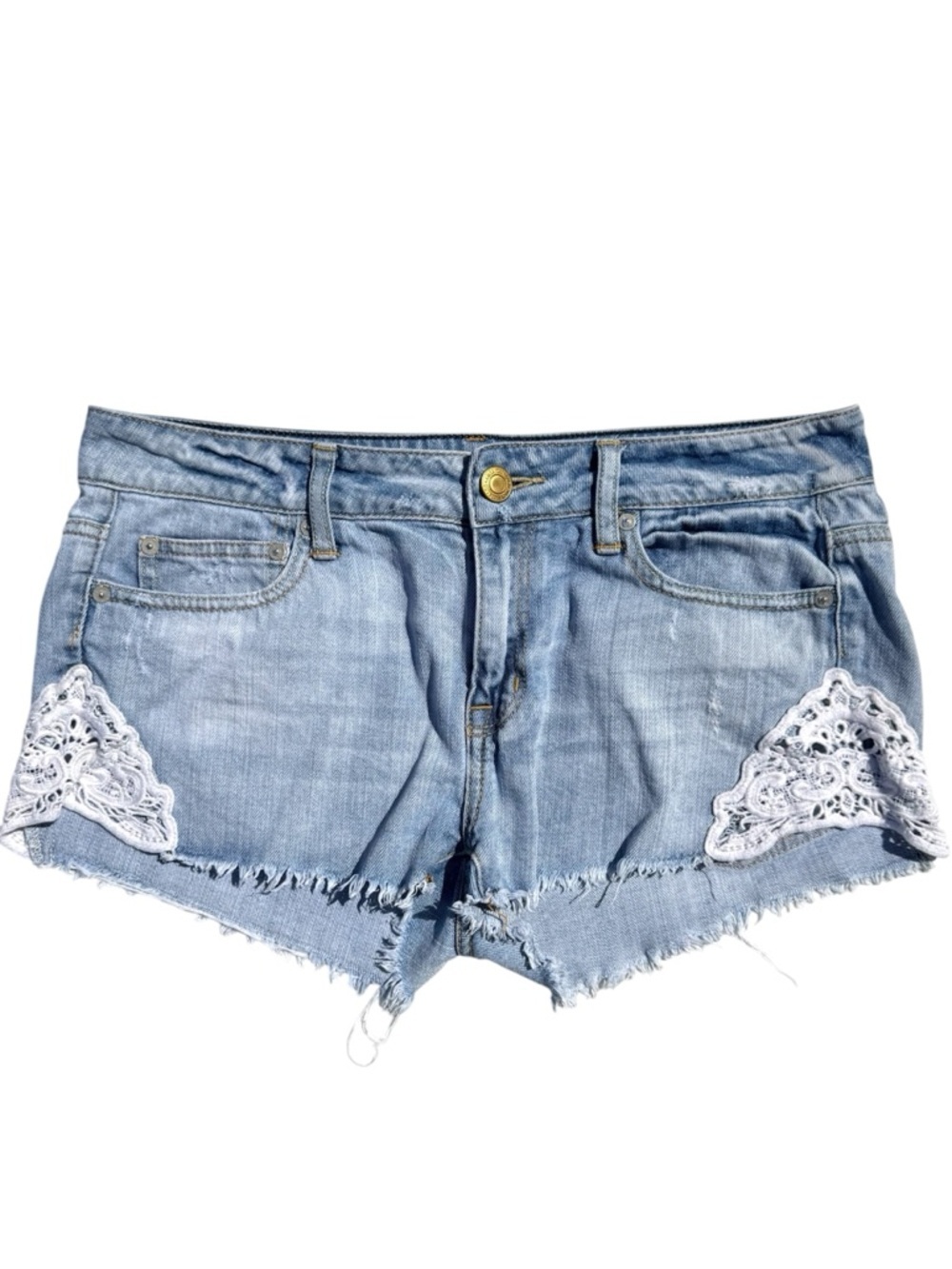American Eagle lace crochet Jean shorts denim light wash blue cotton women’s 8